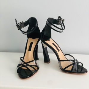 Schutz Black and Clear Ankle Strap Heels